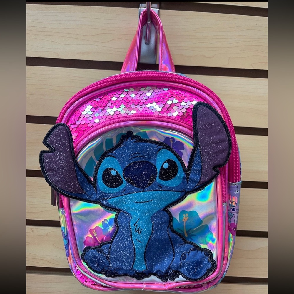Disney Stitch and Angel Mini Holographic Backpack with Pink Sequence